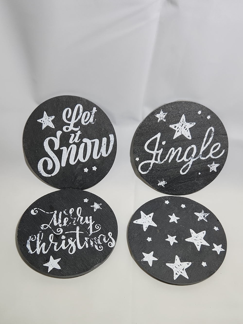 Holiday "Chalkboard" Slate/Stone Round Coasters - Black "Let It Snow" Set